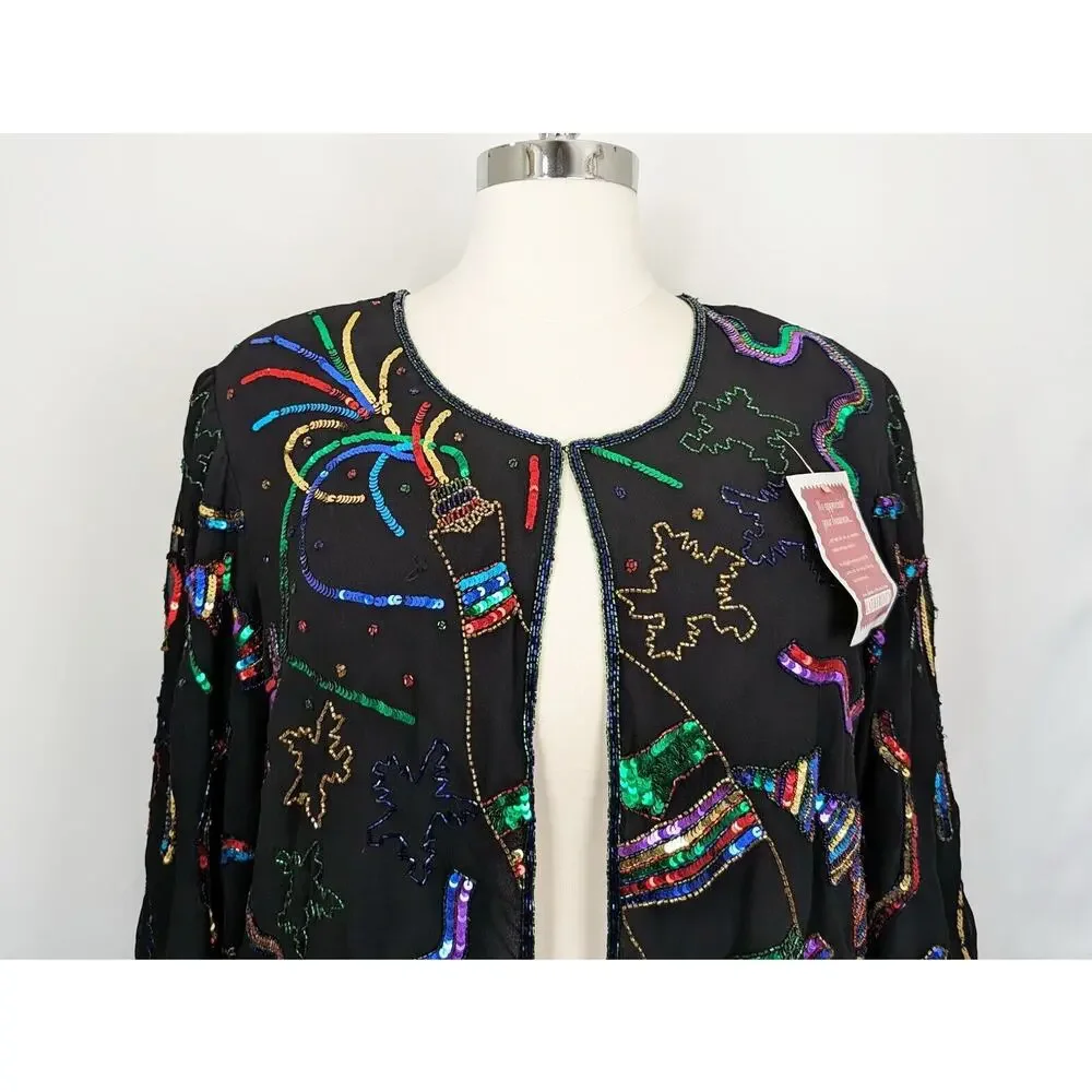 French Collizini Jacket Black Colorful Glamoratti Sequin Women's Size 2X New